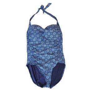 Niptuck SWIM Navy Blue & White Multi Fit Cup Halter Tie One-Piece Swimsuit US 8